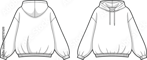 Cad drawing flat vector illustration of front and back hoodie template, technical fashion sketch, blank sweatshirt design for apparel productionCad drawing flat vector illustration
