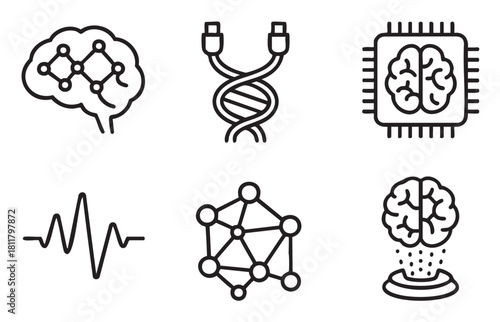 Set of six black line icons representing concepts of artificial intelligence, neural networks, data transfer, and brain-computer interface technology