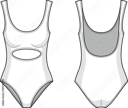 One-piece swimsuit fashion template with front cutout, technical apparel sketch, detailed cad drawing flat vector illustration for design and garment production