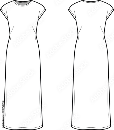 Minimalist, long, dress, fashion, flat, CAD, technical, sketch, apparel, template, vector, outline, clothing, design, garment, front, back, illustration, fashion-tech, styling
