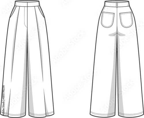Wide leg women’s pants technical fashion sketch, garment design template, clothing outline, trouser pattern draft, cad drawing flat vector illustration