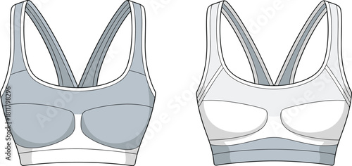 CAD drawing flat vector illustration, detailed sports bra technical sketch with front view, fashion design template for activewear production