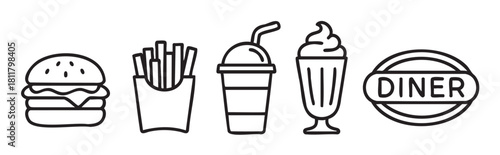 Simple vector icon collection of classic fast food items like a burger, french fries, a soft drink, and a milkshake, with a retro diner sign, drawn in a clean line art style