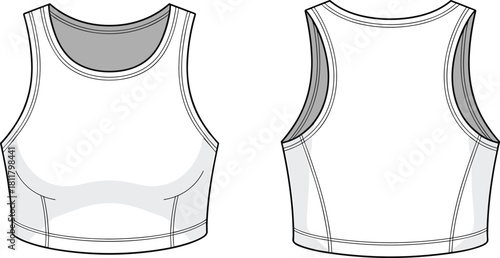 Sport bra technical flat sketch, activewear top fashion template, apparel design vector, detailed clothing construction, cad drawing flat vector illustration