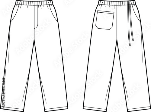 Loose-fit casual pants technical sketch, apparel fashion flat, elastic waist trousers design, cad drawing flat vector illustration for designers