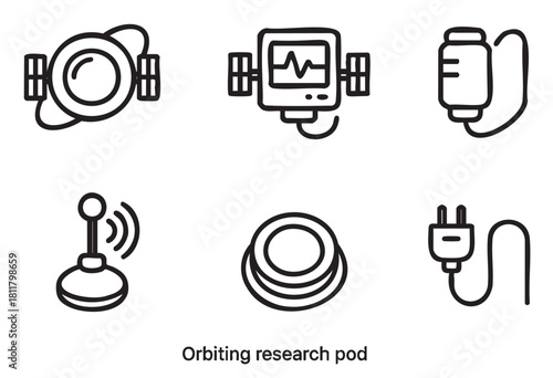 Set of six black line icons representing an orbiting research pod and related technology, including a satellite, monitor, antenna, and power supply
