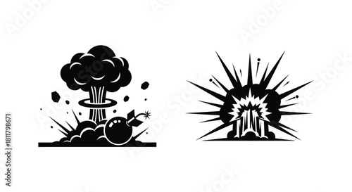 Two black and white illustrations depict explosive detonations and bomb impacts