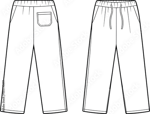 Elastic waist pants technical flat sketch, back and front view trousers template, fashion design jogger outline, garment vector blueprint