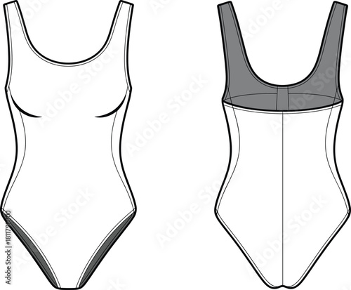 Swimsuit CAD drawing, flat vector illustration, technical fashion sketch of bodysuit design, garment blueprint template, minimalist outline apparel construction graphic
