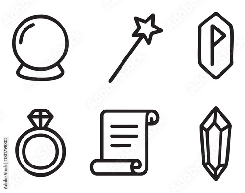 Minimalist black line art icon set featuring magical and fantasy items including a crystal ball, wand, rune stone, enchanted ring, ancient scroll, and a power crystal