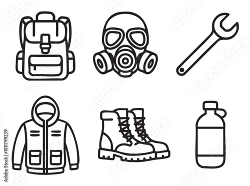 Set of black line art icons representing survival or post-apocalyptic gear, including a backpack, gas mask, wrench, jacket, boots, and canister