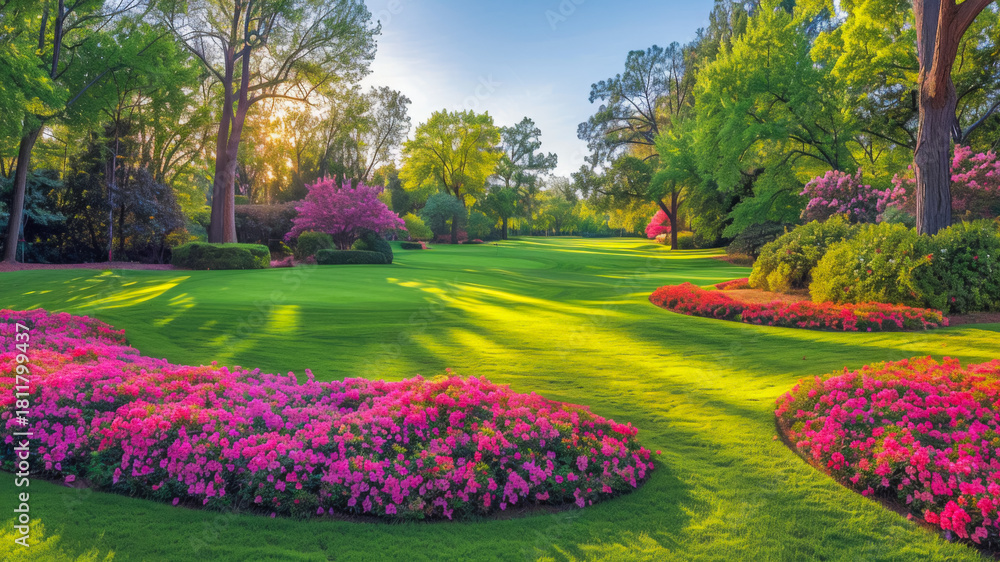 Fototapeta premium Vibrant Spring Garden in Full Bloom With Colorful Flowers and Lush Greenery at Sunset