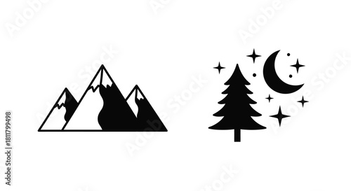 Minimalist illustration of mountains pine tree crescent moon and twinkling stars