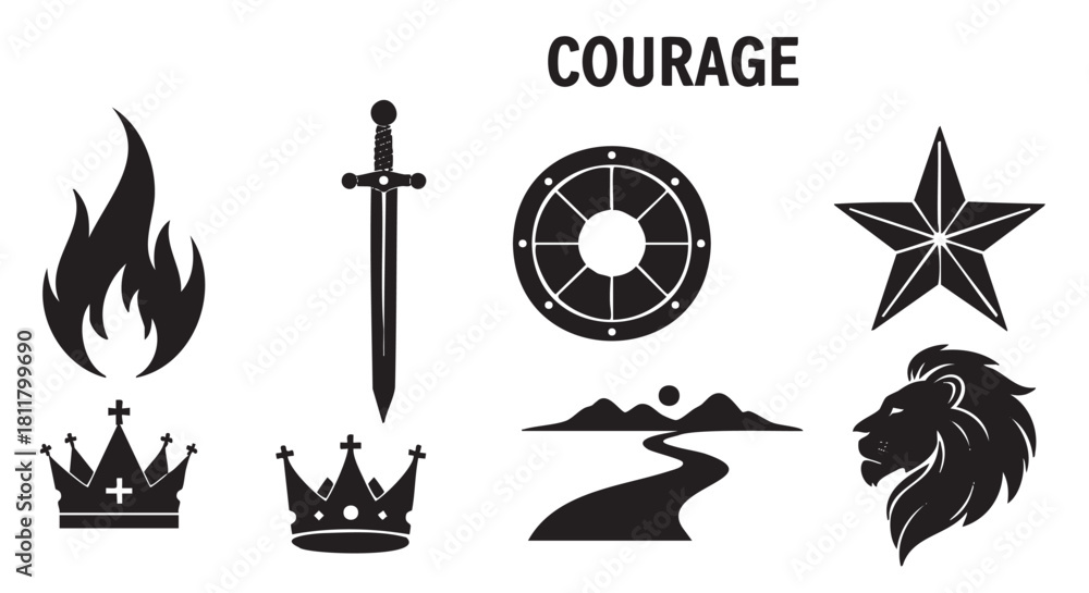 Fototapeta premium Collection of black silhouette icons representing courage, featuring a lion, sword, shield, crown, flame, star, and a winding path, all