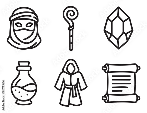 Collection of fantasy role-playing game icons in a simple black line art style, featuring a mysterious character, magic staff, crystal, potion, hooded robe, and ancient scroll