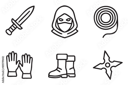 Set of black line icons representing a warrior or assassin's equipment, including a dagger, mask, rope, gloves, boots, and throwing star
