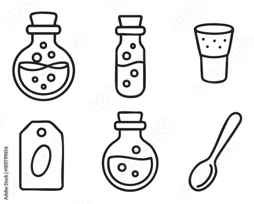 Minimalist set of black line art icons for alchemy or witchcraft, featuring potion bottles with bubbling liquid, a vial, a spoon, a cork, and a tag