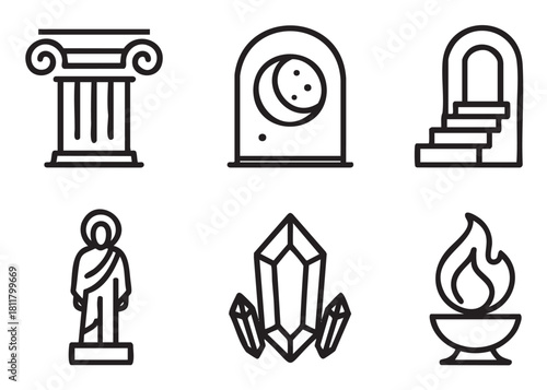 Collection of minimalist black outline icons representing ancient, mystical, and philosophical concepts, including a classical pillar, crystals, and a sacred flame