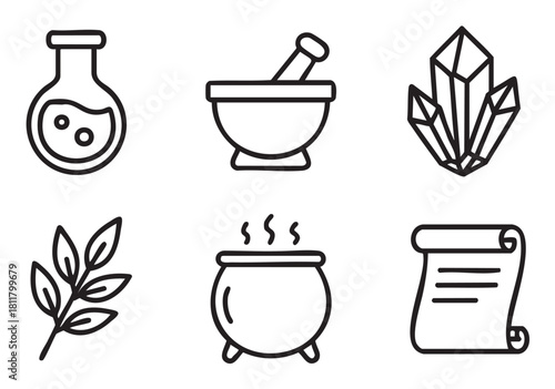Simple outline illustration set of magical items for alchemy or fantasy concepts, with a potion flask, cauldron, crystal, scroll, mortar and pestle, and herb branch