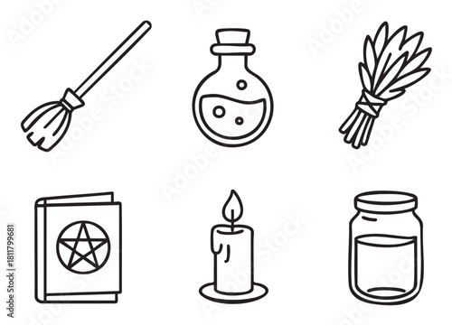 Set of minimalist black outline icons for witchcraft and pagan themes, featuring a broomstick, potion, spellbook, burning candle, bundled herbs, and a jar
