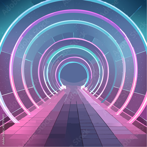 A futuristic tunnel with neon lights and a perspective view, leading to an open space.