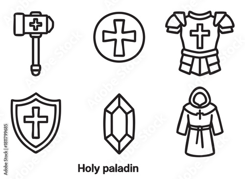 Set of black and white line art icons representing a holy paladin or fantasy warrior class, including a war hammer, shield, armor, cross symbol, crystal, and robe