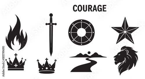 Collection of black silhouette icons representing courage, featuring a lion, sword, shield, crown, flame, star, and a winding path, all