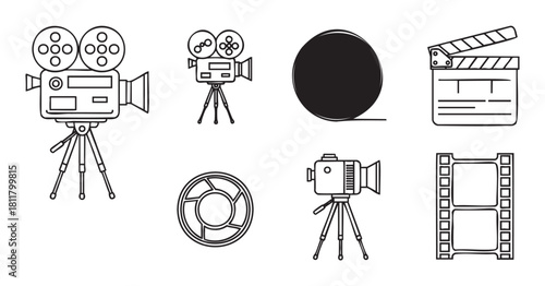 Collection of hand-drawn doodle style cinema icons featuring vintage cameras, a film strip, and a clapperboard for movie producti