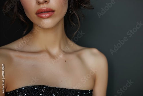 Young woman in sparkling black dress, set against blurred greenery, evokes elegance and natural beauty, conveying harmonious blend of glamour and serenity. Neural network AI generated
