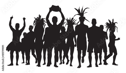  Silhouette of a diverse group of people celebrating with raised arms and headdresses