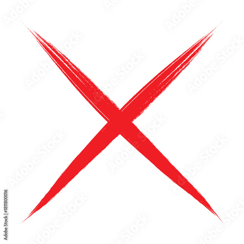 Red X Mark: Bold Diagonal Cross Symbol with Textured Brushstroke Effect.