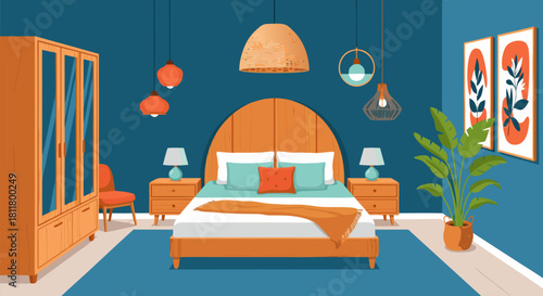 Cozy Bedroom Scene with a Large Bed, Nightstands, Wardrobe, and Artistic Wall Decor, Illuminated by Pendant Lamps