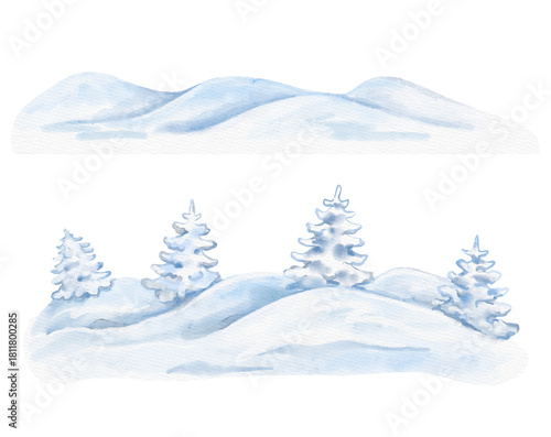 Watercolor snowy landscape with soft mountains, snowdrifts, and frosty evergreen trees. Gentle blue shades create a peaceful winter scene ideal for holiday cards and seasonal designs