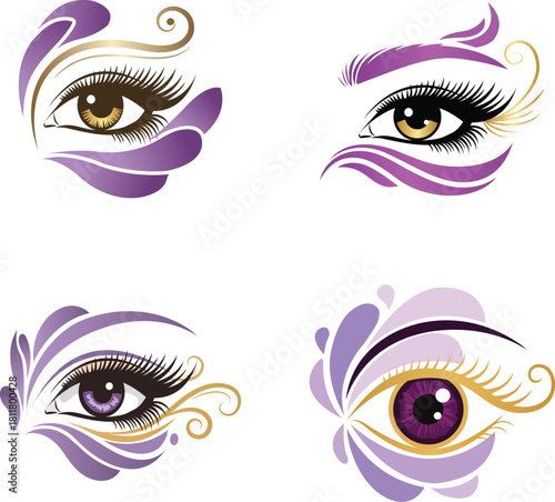 Elegant Decorative Eye Illustration Set in Purple and Gold Style