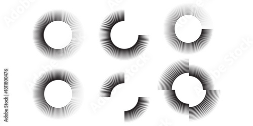 Six Abstract Circular Shapes with Radial Gradient Lines.