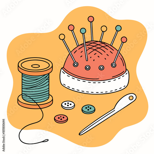 An illustration of sewing supplies including a spool of thread, a pincushion with pins, buttons, and a needle threader on an orange background.