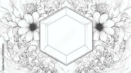 Detailed black and white floral frame with elegant hexagonal outline, intricate botanical line art background pattern