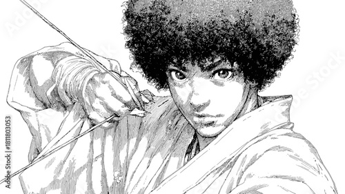 Detailed manga-style illustration of a focused young man with an afro haircut, holding a fencing foil or thin sword, ready for action in black and white.