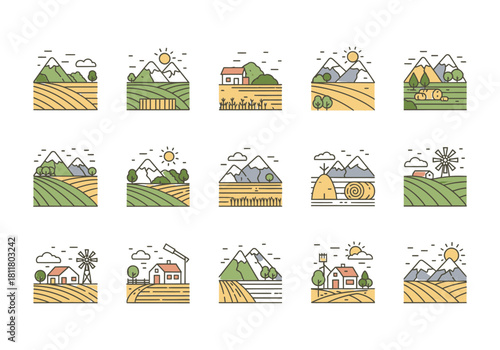 Collection of various handcrafted agricultural landscape designs and farming scenes for print and digital use