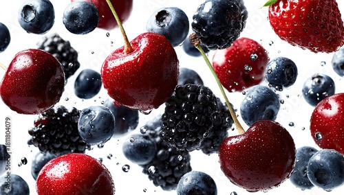 Fresh berries in mid-air, water droplets
