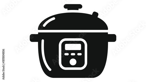 Black and white icon of a smart pressure cooker appliance featuring a digital display for automated cooking, isolated on