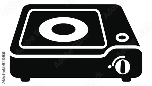 Black and white icon representing a smart portable stove with a single burner and control knob, perfect for modern cooki