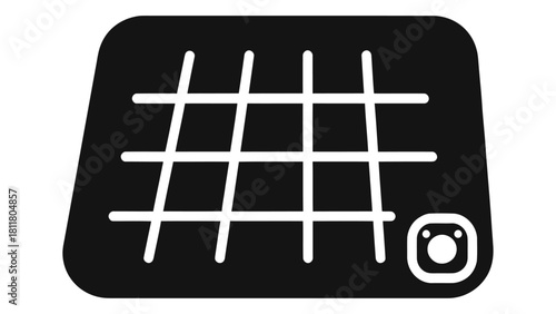Black and white icon representing smart placemats with a grid pattern and instagram logo, symbolizing interactive table