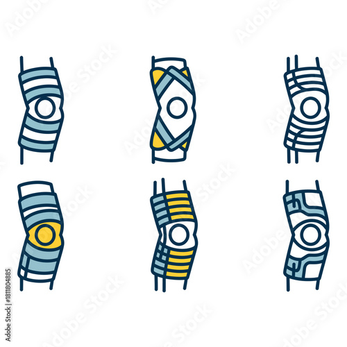 Collection of six stylized knee braces with colorful patterns