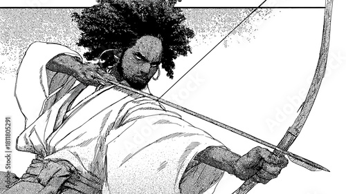 Dynamic black and white illustration of an archer aiming a bow and arrow. Focused warrior with afro and beard in traditional attire.