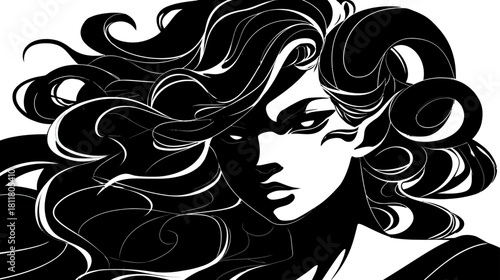 Dramatic black and white illustration of a mysterious woman with long flowing hair and intricate ram-like horns