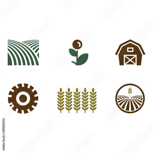 Collection of six vintage farm and agriculture icons in earthy tones