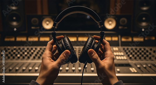 Hands Holding Headphones in Recording Studio, Ready to Listen