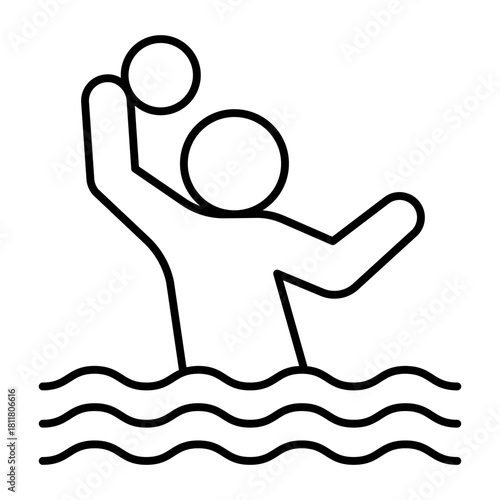Man with ball in the water thin line icon, volleyball game concept. Vector graphics. Volleyball game player sign on white background, style icon mobile or web design.
