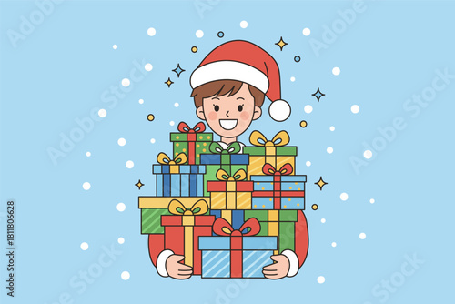 Young man dressed in festive outfit holding Christmas presents. Winter holiday illustration representing joy, gifts, and celebration.